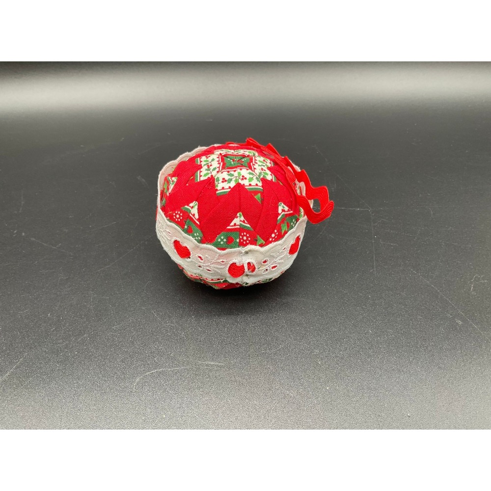 Quilted Christmas Ornament Red Green White Fabric Ball with Lace and Rickrack 3"
